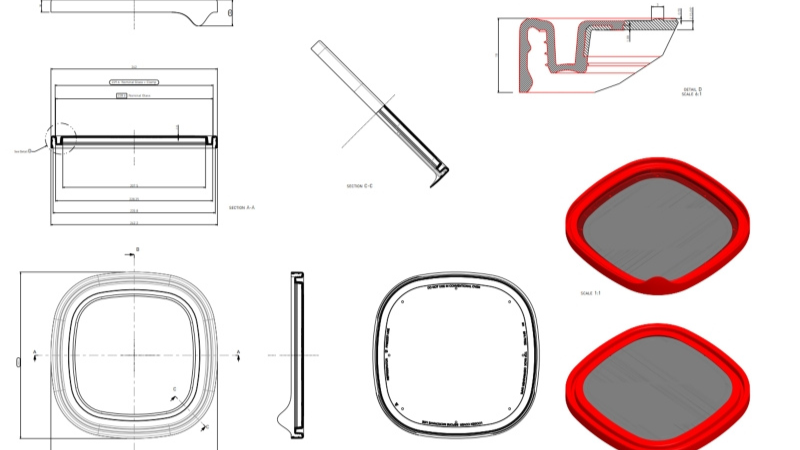 Desenho com vários ângulos e medições de um protótipo